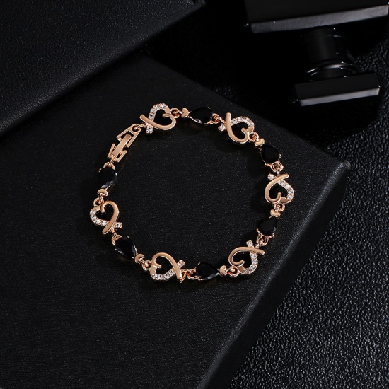 Picture of Copper Bracelets Gold Plated Black Heart Clear Rhinestone 20cm(7 7/8") long, 1 Piece