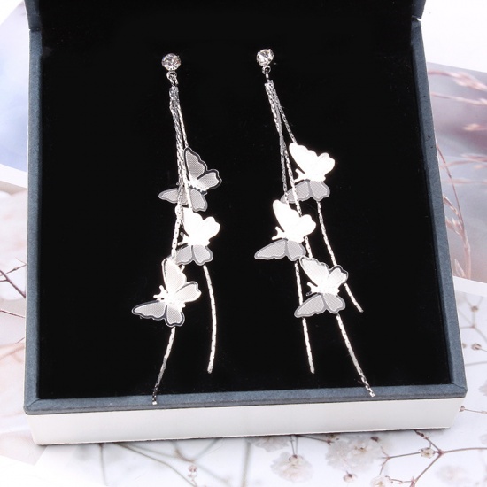 Picture of Tassel Earrings Silver Plated Butterfly Animal 88mm x 13mm, 1 Pair