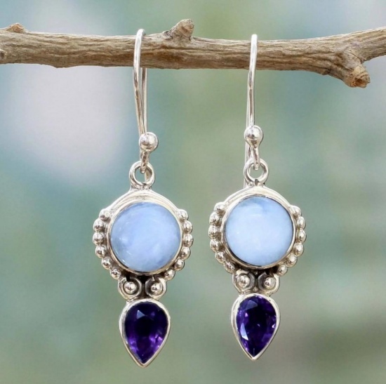 Picture of Earrings Antique Silver Light Blue & Purple Round Drop Imitation Moonstone 7cm x 3.3cm, 1 Pair