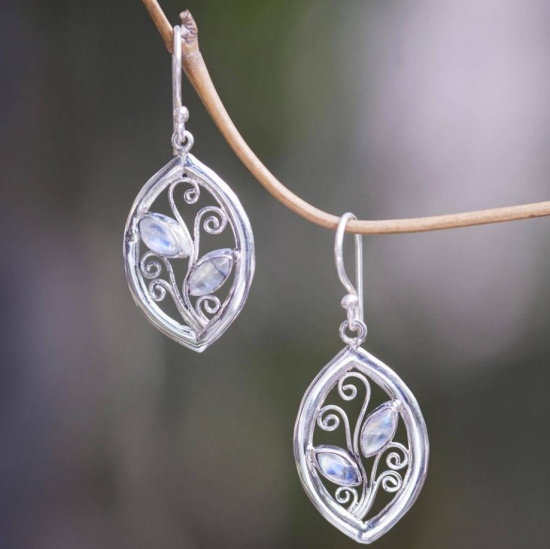 Picture of Earrings Silver Plated Multicolor Leaf Imitation Moonstone 1 Pair
