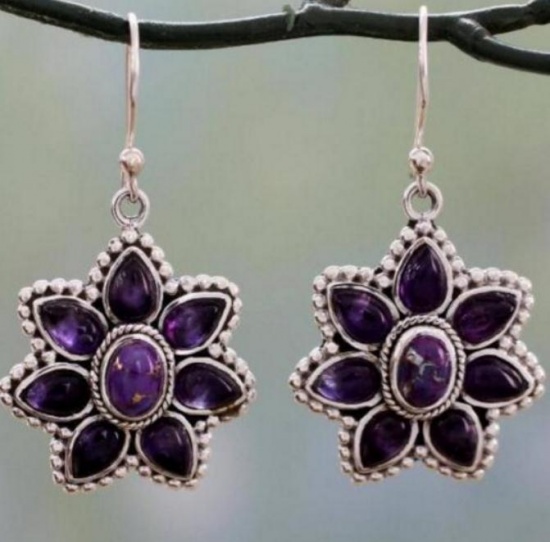 Imagen de Retro Pendientes Plata Antigua Púrpura Flor cristal imitación 4cm x 2.6cm, 1 Par