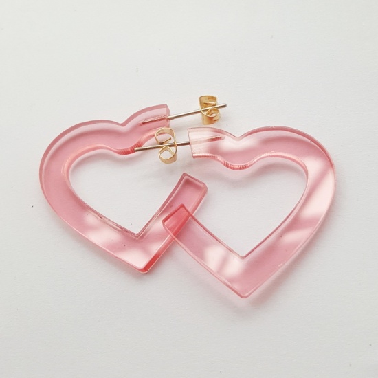 Picture of Acrylic Earrings Light Pink Transparent Heart 30mm(1 1/8") x 30mm, 1 Pair