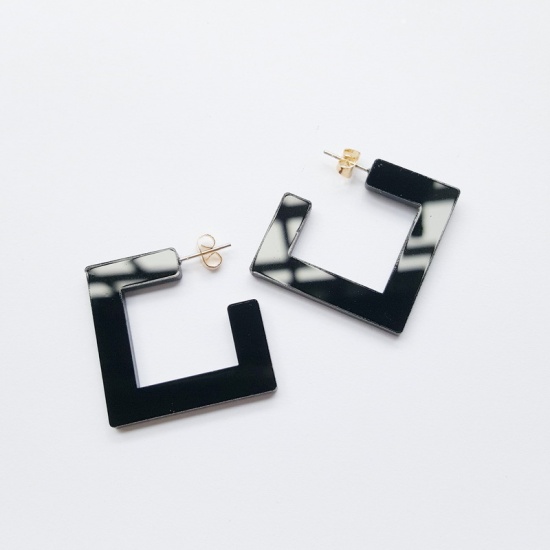 Picture of Acrylic Earrings Black Transparent Square 30mm(1 1/8") x 30mm, 1 Pair