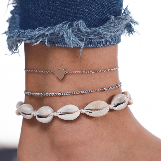 Picture of Anklet Silver Plated Grey Beige Shell Multilayer 1 Set ( 3 PCs/Set)