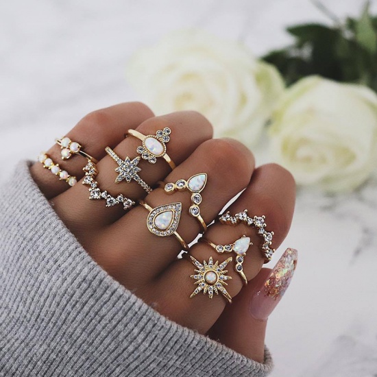 Picture of Rings Gold Plated White Drop Star Clear Rhinestone 18.5mm(US size 8.5) - 16mm(US size 5.25), 1 Set ( 10 PCs/Set)