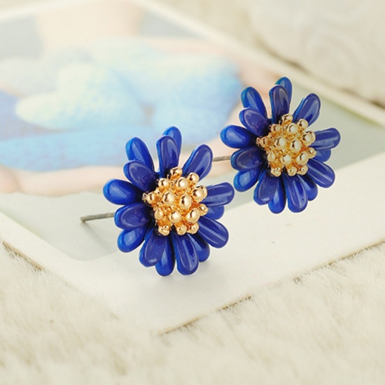 Picture of Ear Post Stud Earrings Royal Blue Daisy Flower 15mm Dia., 1 Pair