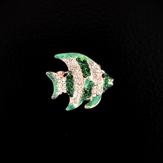 Bild von Brosche Fisch Grün Emaille Transparent & Grün Strass 25mm x 23mm, 1 Stück