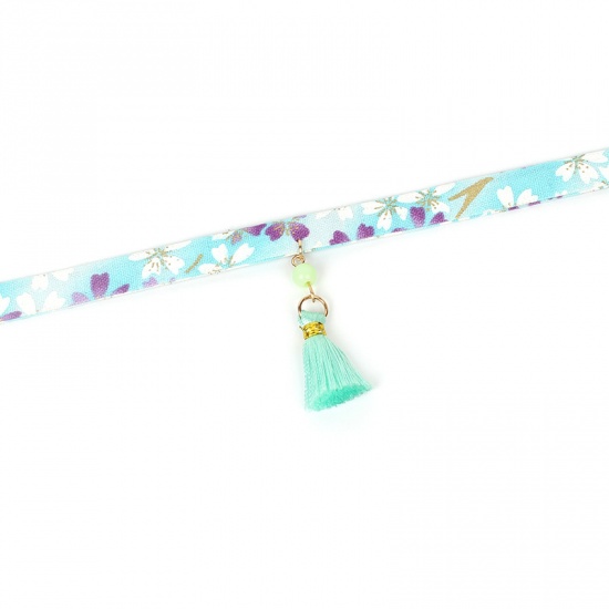 Picture of Fabric Choker Necklace Blue Tassel Flower 30cm(11 6/8") long, 1 Piece