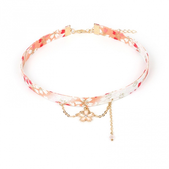 Imagen de Tela Collar Gargantilla Naranja Rosa Sakura Flor Esmalte 30cm longitud, 1 Unidad