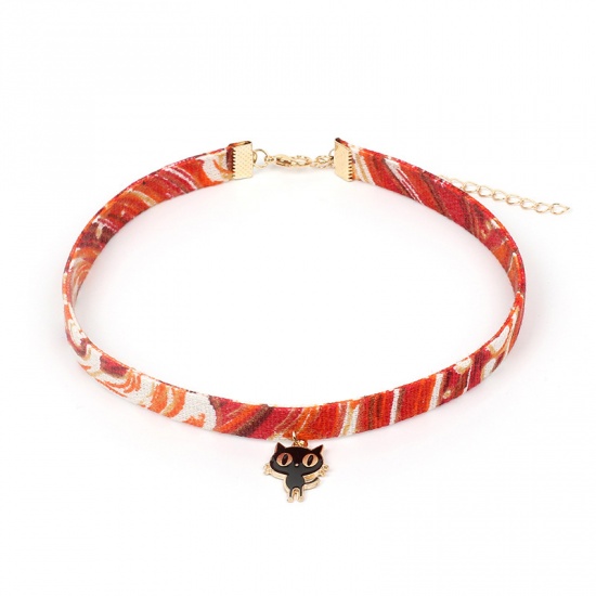 Picture of Fabric Choker Necklace Red Cat Animal Enamel 30cm(11 6/8") long, 1 Piece