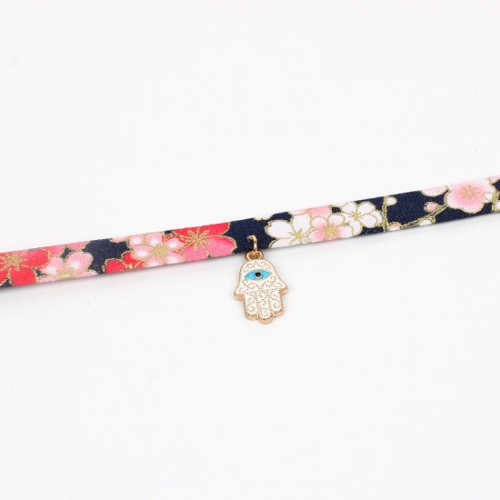 Picture of Fabric Choker Necklace Multicolor Hamsa Symbol Hand Flower Enamel 30cm(11 6/8") long, 1 Piece