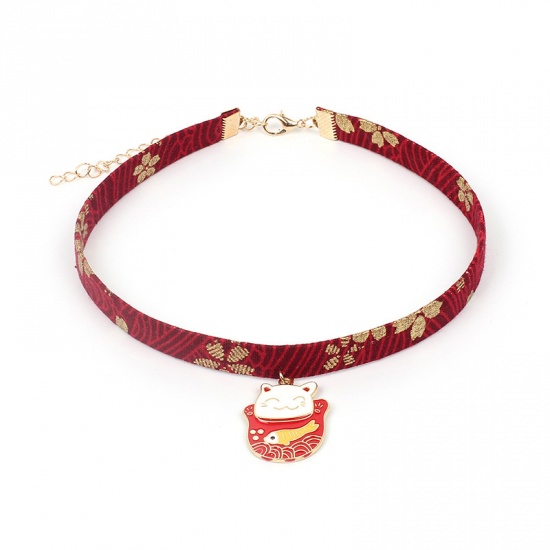 Picture of Fabric Choker Necklace Wine Red Cat Animal Flower Enamel 30cm(11 6/8") long, 1 Piece