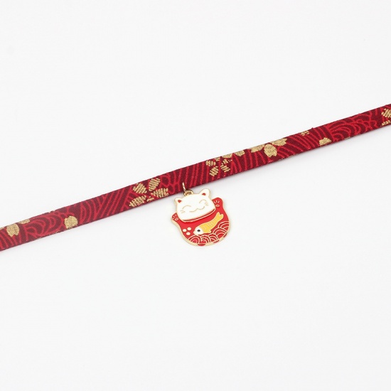 Picture of Fabric Choker Necklace Wine Red Cat Animal Flower Enamel 30cm(11 6/8") long, 1 Piece