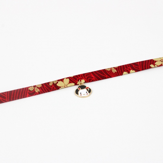 Picture of Fabric Choker Necklace Wine Red Flower Woman Enamel 30cm(11 6/8") long, 1 Piece