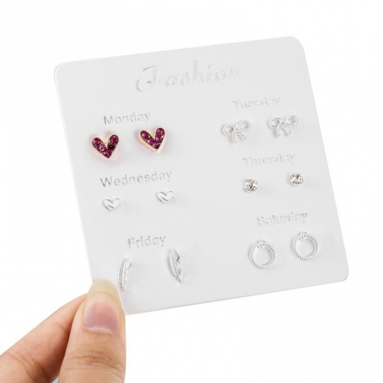 Picture of One Week Stud Earrings Set Silver Plated Heart Bowknot Clear Rhinestone 1 Set ( 6 Pairs/Set)