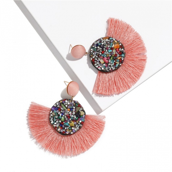Picture of Polyester Tassel Earrings Pale Pinkish Gray Fan-shaped 80mm x 76mm(3"), 1 Pair