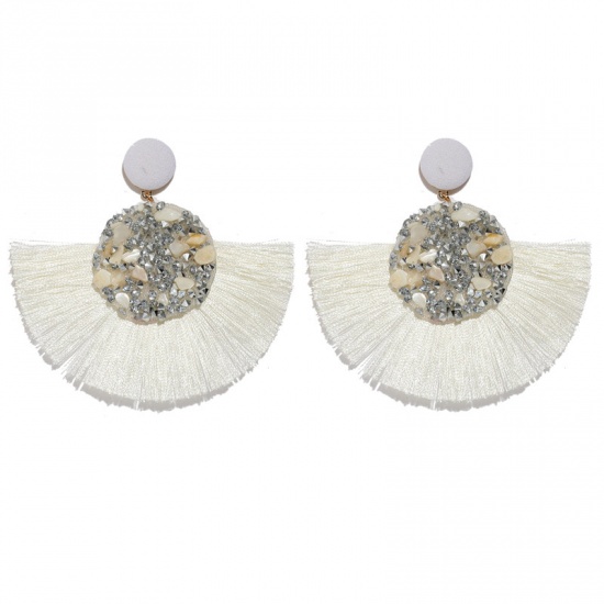 Picture of Polyester Tassel Earrings White Fan-shaped 80mm x 76mm(3"), 1 Pair