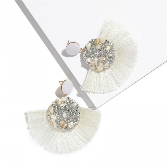 Picture of Polyester Tassel Earrings White Fan-shaped 80mm x 76mm(3"), 1 Pair