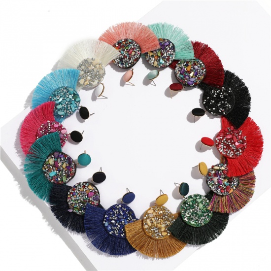 Picture of Polyester Tassel Earrings Multicolor Fan-shaped 80mm x 76mm(3"), 1 Pair