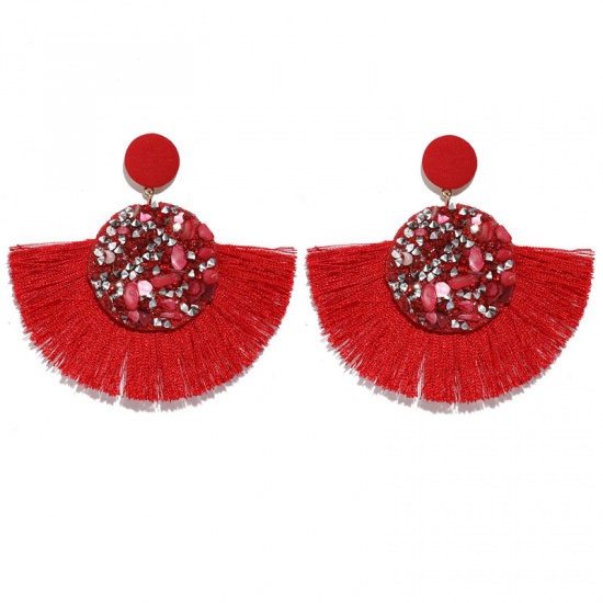 Picture of Polyester Tassel Earrings Red Fan-shaped 80mm x 76mm(3"), 1 Pair