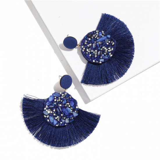 Picture of Polyester Tassel Earrings Deep Blue Fan-shaped 80mm x 76mm(3"), 1 Pair