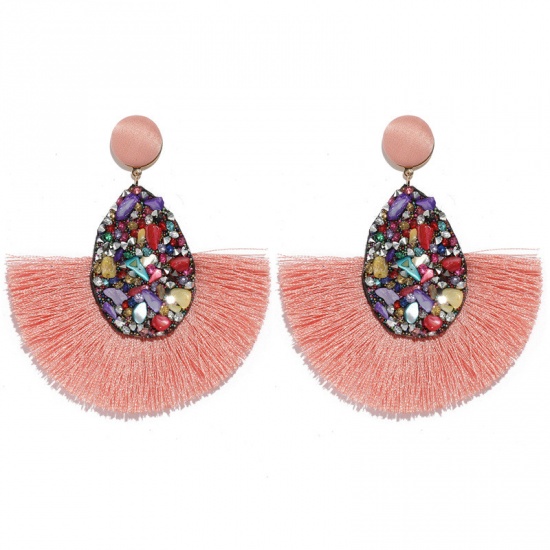 Picture of Polyester Tassel Earrings Pale Pinkish Gray Fan-shaped Drop 83mm x 80mm, 1 Pair