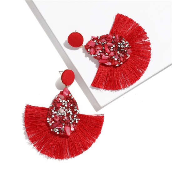 Picture of Polyester Tassel Earrings Red Fan-shaped Drop 83mm x 80mm, 1 Pair