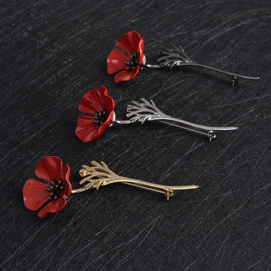Picture of Pin Brooches Flower Gold Plated Red 80mm x 28mm, 1 Piece