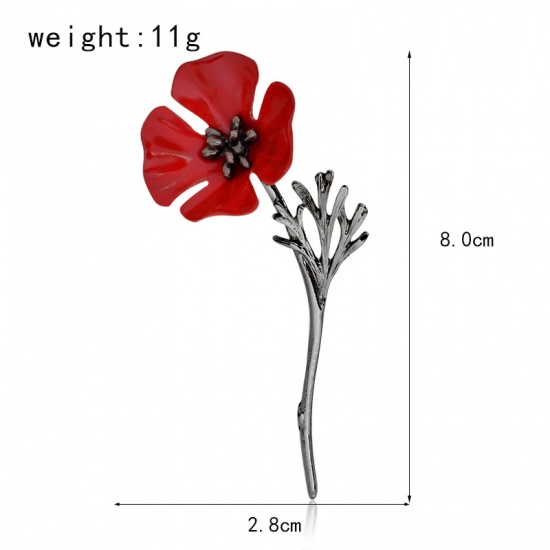 Picture of Pin Brooches Flower Silver Tone Red 80mm x 28mm, 1 Piece