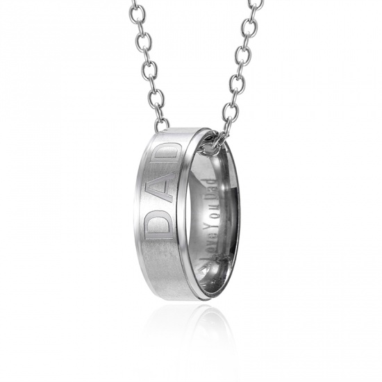 Picture of Titanium Steel Necklace Silver Tone Circle Ring Message " Dad " 50cm(19 5/8") long, 1 Piece