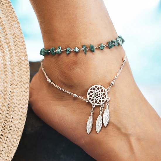 Picture of Turquoise Anklet Silver Plated Green Dream Catcher 24cm(9 4/8") long - 20.5cm(8 1/8") long, 1 Piece