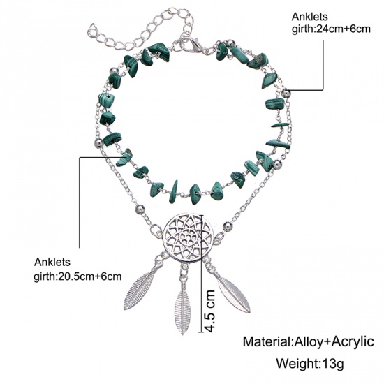 Picture of Turquoise Anklet Silver Plated Green Dream Catcher 24cm(9 4/8") long - 20.5cm(8 1/8") long, 1 Piece