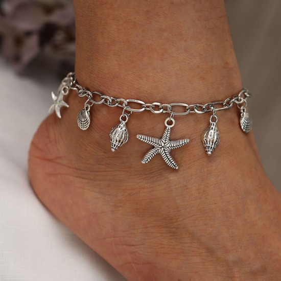 Picture of Ocean Jewelry Anklet Antique Silver Star Fish Conch Sea Snail 20cm(7 7/8") long, 1 Piece