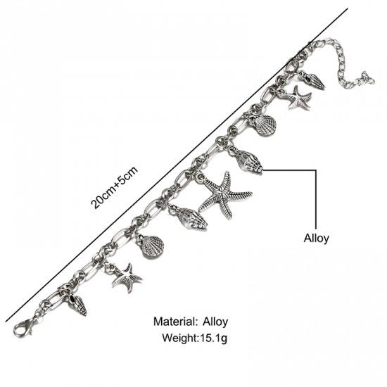 Bild von Ozean Schmuck Fußketten Antiksilber Seesterne Strandschnecke 20cm lang, 1 Strang