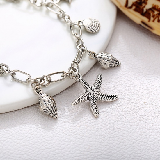 Picture of Ocean Jewelry Anklet Antique Silver Star Fish Conch Sea Snail 20cm(7 7/8") long, 1 Piece