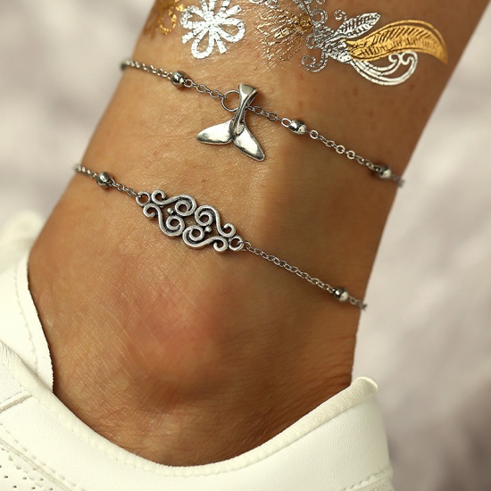 Picture of Ocean Jewelry Anklet Silver Tone Fishtail 20cm(7 7/8") long 17cm(6 6/8") long, 1 Set ( 2 PCs/Set)