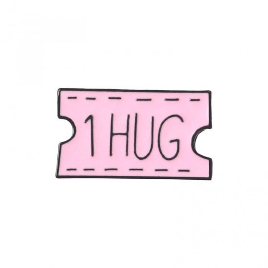 Picture of Pin Brooches Movie Ticket Initial Alphabet/ Capital Letter Message " 1 HUG " Pink Enamel 25mm x 15mm, 1 Piece