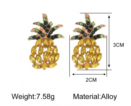 Picture of Ear Post Stud Earrings KC Gold Plated Pineapple/ Ananas Fruit Green & Yellow Rhinestone 30mm x 20mm, 1 Pair