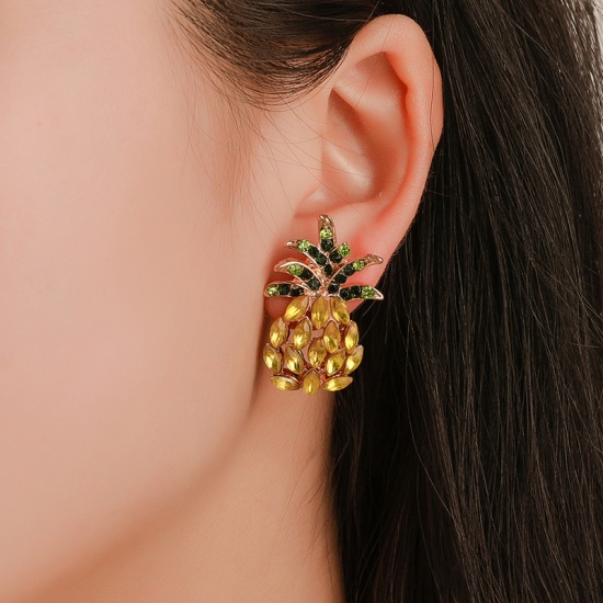 Picture of Ear Post Stud Earrings KC Gold Plated Pineapple/ Ananas Fruit Green & Yellow Rhinestone 30mm x 20mm, 1 Pair