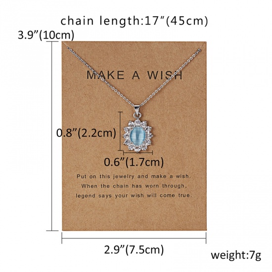 Picture of Necklace Silver Tone Oval Blue Cubic Zirconia 45cm(17 6/8") long, 1 Piece