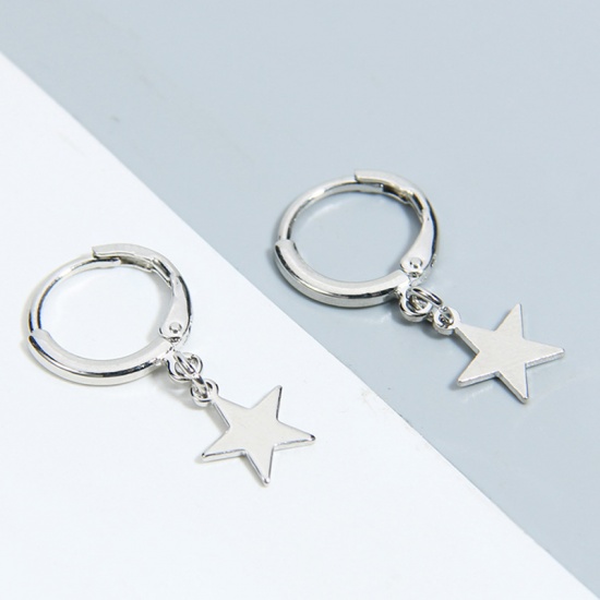 Picture of Brass Earrings Silver Tone Round Pentagram Star 28mm x 14mm, 1 Pair                                                                                                                                                                                           