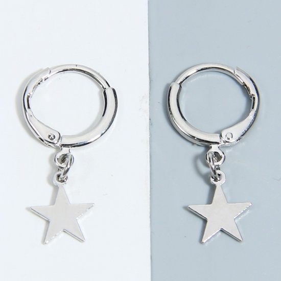 Picture of Brass Earrings Silver Tone Round Pentagram Star 28mm x 14mm, 1 Pair                                                                                                                                                                                           