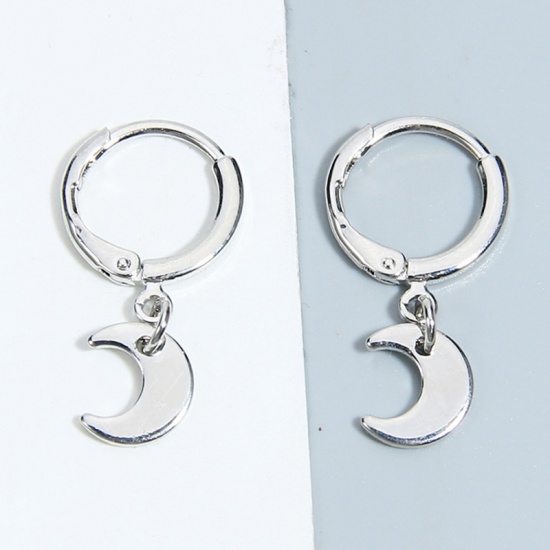 Picture of Brass Earrings Silver Tone Round Moon 27mm x 14mm, 1 Pair                                                                                                                                                                                                     