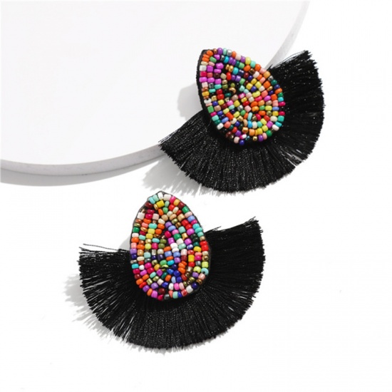 Picture of Glass & Polyester Tassel Earrings Black Drop 65mm x 56mm, 1 Pair
