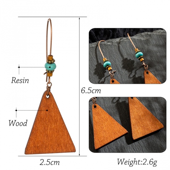 Picture of Wood Boho Chic Bohemia Earrings Orange Triangle 65mm x 25mm, 1 Pair