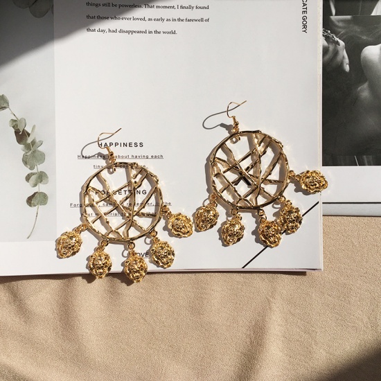 Picture of Boho Chic Bohemia Earrings Gold Plated Lion Animal Hollow 25mm, 1 Pair