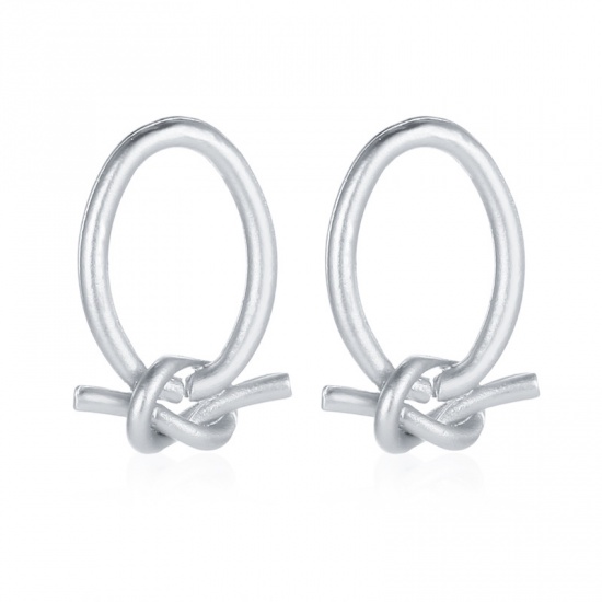 Picture of Ear Post Stud Earrings Matt Silver Color Knot Circle Ring 25mm x 14mm, 1 Pair