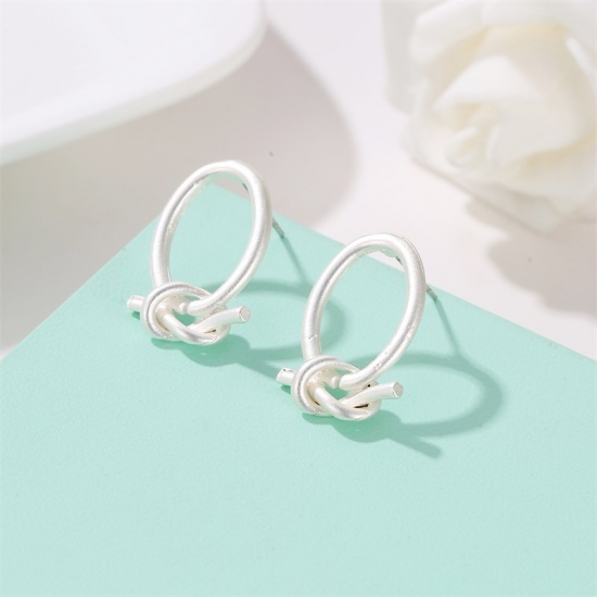 Picture of Ear Post Stud Earrings Matt Silver Color Knot Circle Ring 25mm x 14mm, 1 Pair