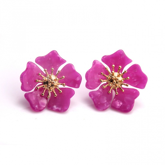 Picture of Resin Ear Post Stud Earrings Gold Plated Fuchsia Flower 4.5cm x 4.5cm, 1 Pair