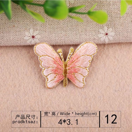 不織布 刺繍 アイロンのパッチ（接着剤付き） DIY スクラップブッキング クラフト オレンジピンク 蝶 4cm x 3.1cm、 2 個 の画像